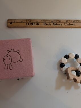 Wooden Teether Ring Baby Toy - Black & White With Pink Square Windup Lullaby